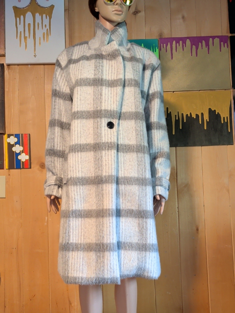 Haute Monde Gray & White Plaid Long Trench Coat
